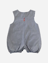 Load image into Gallery viewer, Striped Navy Romper with Embroidered Lighthouses
