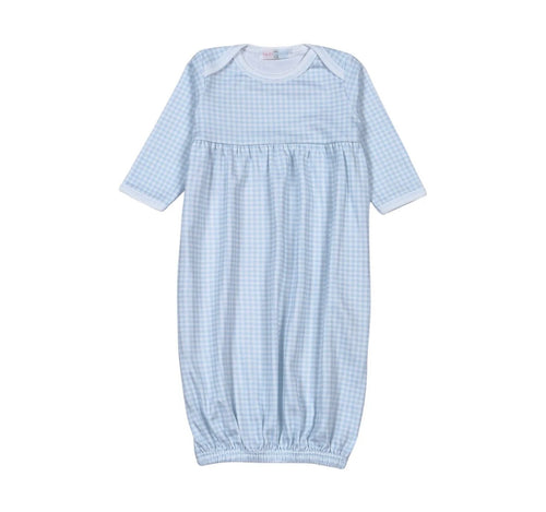 BLUE GINGHAM GOWN. CUT ON CHEST