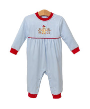 Load image into Gallery viewer, Blue Striped with Red Romper-Gingerbread Appliqué