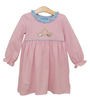 Load image into Gallery viewer, Pink Striped Dress with Light Blue Ruffle-Nativity Embroidery
