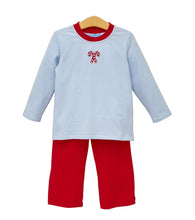 Load image into Gallery viewer, Light Blue Striped Shirt &amp; Red Pants Set-Candy Cane Embroidery