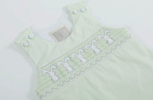 Load image into Gallery viewer, Honey Dew Green Bunny Smocked Shortall