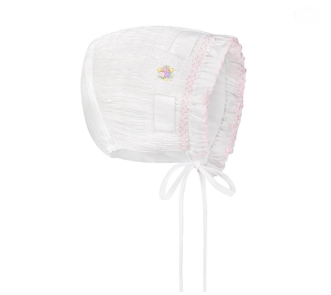 Feltman Brothers Girls Smocked Pink & Purple Rose Bud White Bonnet