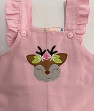 Load image into Gallery viewer, Girls Corduroy Romper with Ruffles-Doe with Flower Crown Appliqué Overalls