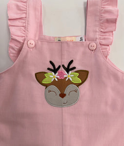 Girls Corduroy Romper with Ruffles-Doe with Flower Crown Appliqué Overalls