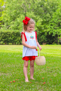 Blue Gingham & Red Ruffles Short Sleeve Strawberry Top & Red Scalloped Short Set