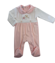 Load image into Gallery viewer, Pink Welcome Baby Hand Embroidered Stork Footie