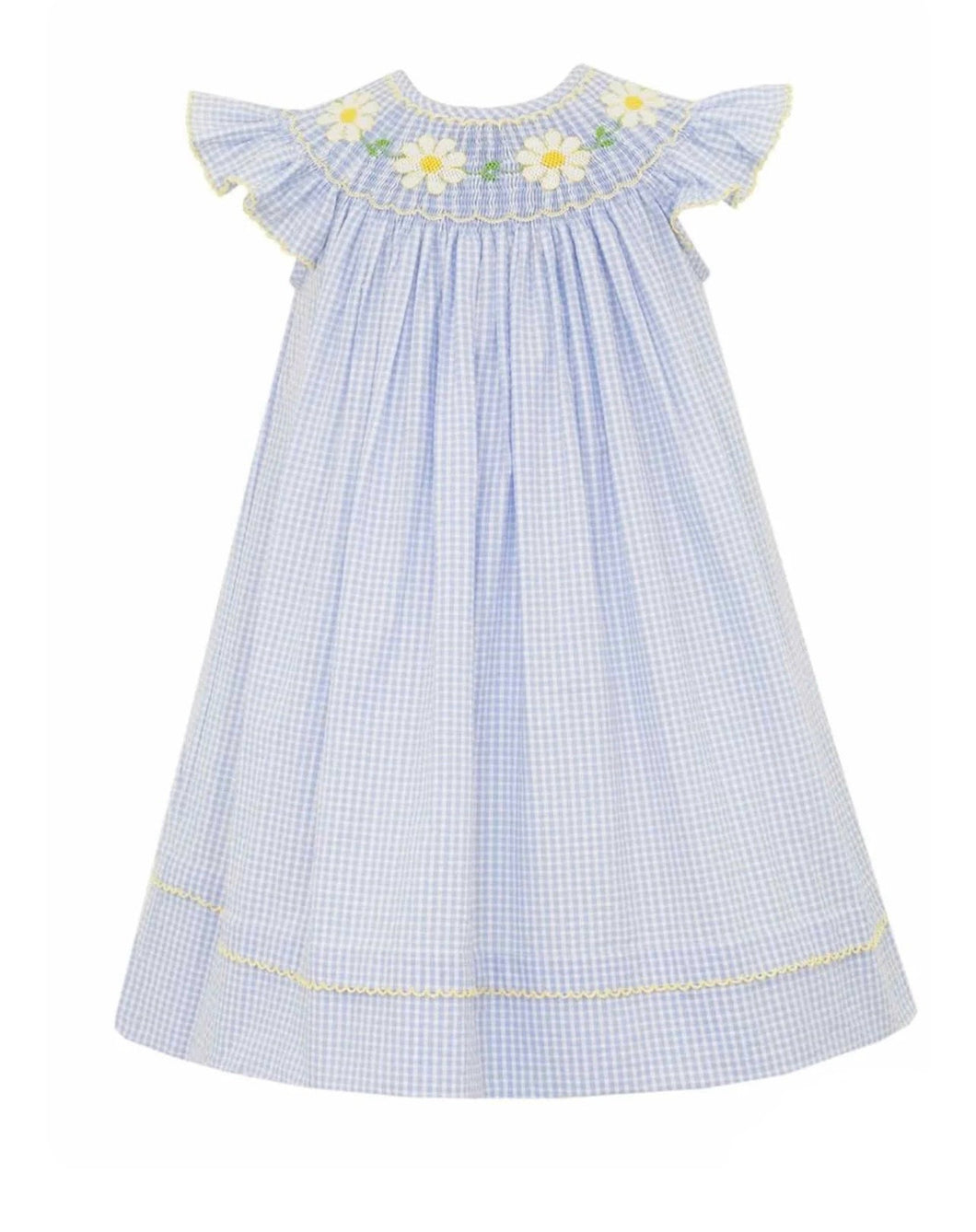 Hand Smocked Blue Seersucker Daisies Bishop Dress
