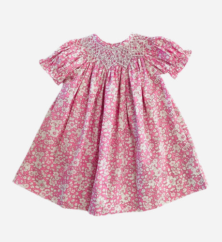 Girls Pink & White Floral SS Smocked Bishop Dress