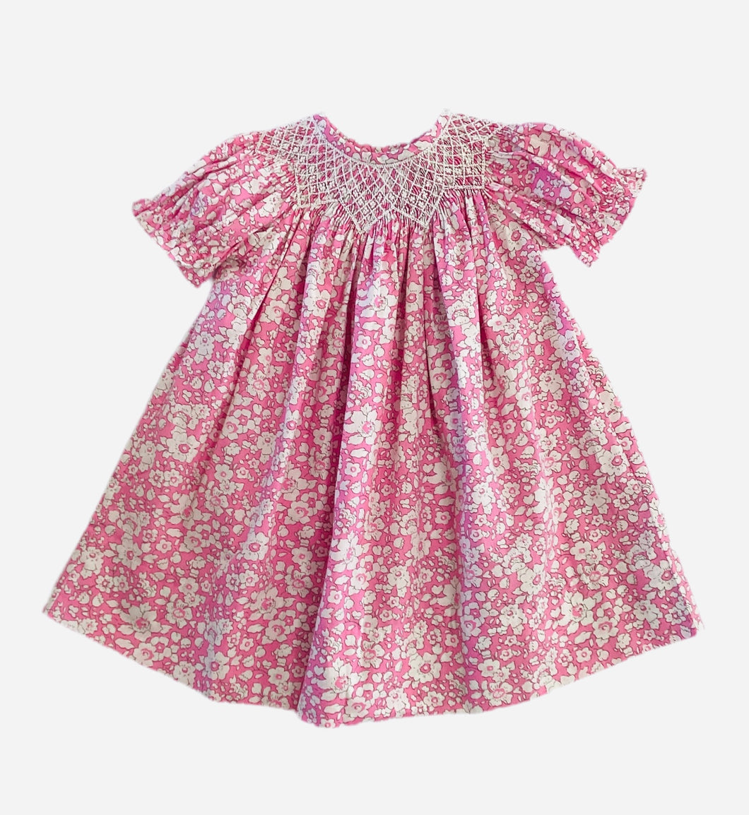 Girls Pink & White Floral SS Smocked Bishop Dress