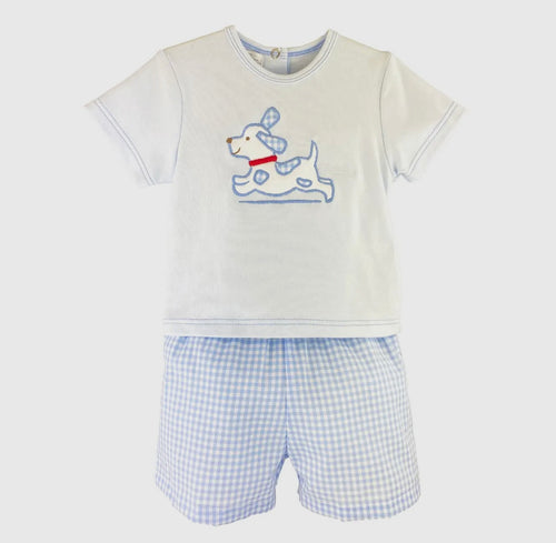Blue Top with Dog Appliqué & Blue Gingham Shorts Set