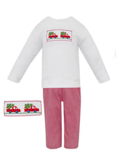 Load image into Gallery viewer, Christmas Tree with Truck Hand Smocked Long Sleeve White Knit Shirt with Lined Red Gingham Pants Set