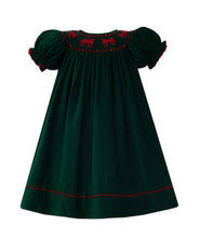 Load image into Gallery viewer, Green Corduroy Bishop Dress-Hand Smocked Christmas Red Bows