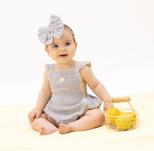 Load image into Gallery viewer, Angel Dear Micro Gingham Blue Blizzard Lemon Appliqué Ric Rac Ruffle Sunsuit Bubble