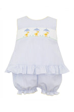 Load image into Gallery viewer, Girl’s Anavini Smocked Ducks Blue Bloomer Set