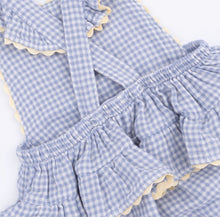 Load image into Gallery viewer, Angel Dear Micro Gingham Blue Blizzard Lemon Appliqué Ric Rac Ruffle Sunsuit Bubble