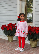 Load image into Gallery viewer, Pink Striped Shirt with Ruffled Pockets &amp; Red Pants Set-Candy Cane Embroidery