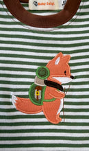 Load image into Gallery viewer, Striped Peapod Green Romper-Fox with Hiking Gear Appliqué