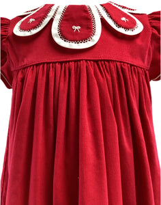 Red Smocked Corduroy Flower Petal Collar Dress