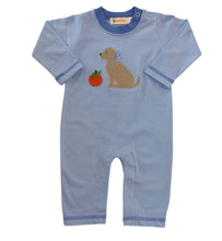 Load image into Gallery viewer, Blue Romper-Dog with Blue Bow Appliqué  &amp; Knit Pumpkin