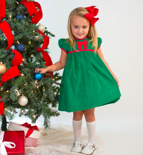 Girls Green & Red Corduroy Emb. Bow Dress