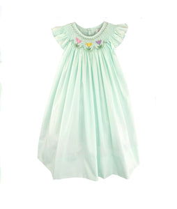 Mint Green Bishop Dress with Smocked Tulips & Angel Sleeves