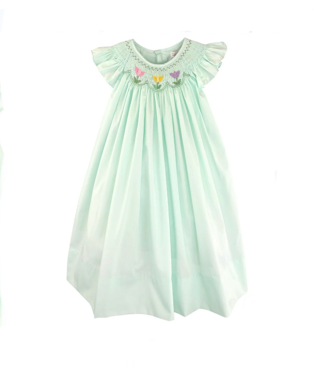 Mint Green Bishop Dress with Smocked Tulips & Angel Sleeves