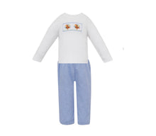 Load image into Gallery viewer, Boys Hand Smocked Turkey White Top with Blue Gingham Pants Set