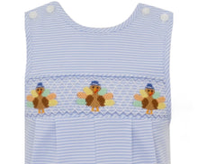 Load image into Gallery viewer, Petit Bebe Boys Light Blue Striped Knit Longall - Smocked Turkeys
