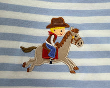 Load image into Gallery viewer, Striped Light Blue &amp; White with Red Collar Romper-Cowboy Riding Horse Appliqué