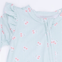Load image into Gallery viewer, Angel Dear Tiny Cherry Striped 2 Way Ruffle Sleeve Zipper Footie