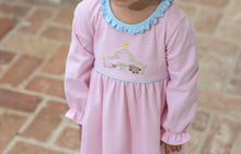 Load image into Gallery viewer, Pink Striped Dress with Light Blue Ruffle-Nativity Embroidery