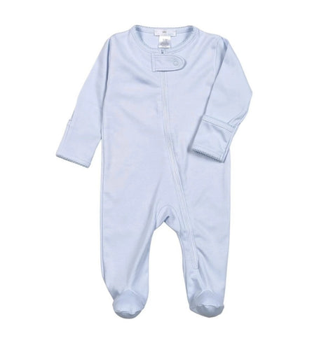 BLUE ZIPPER FOOTIE BLUE PICOT TRIM. PIMA COTTON
