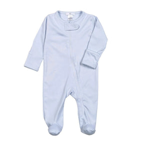BLUE ZIPPER FOOTIE BLUE PICOT TRIM. PIMA COTTON