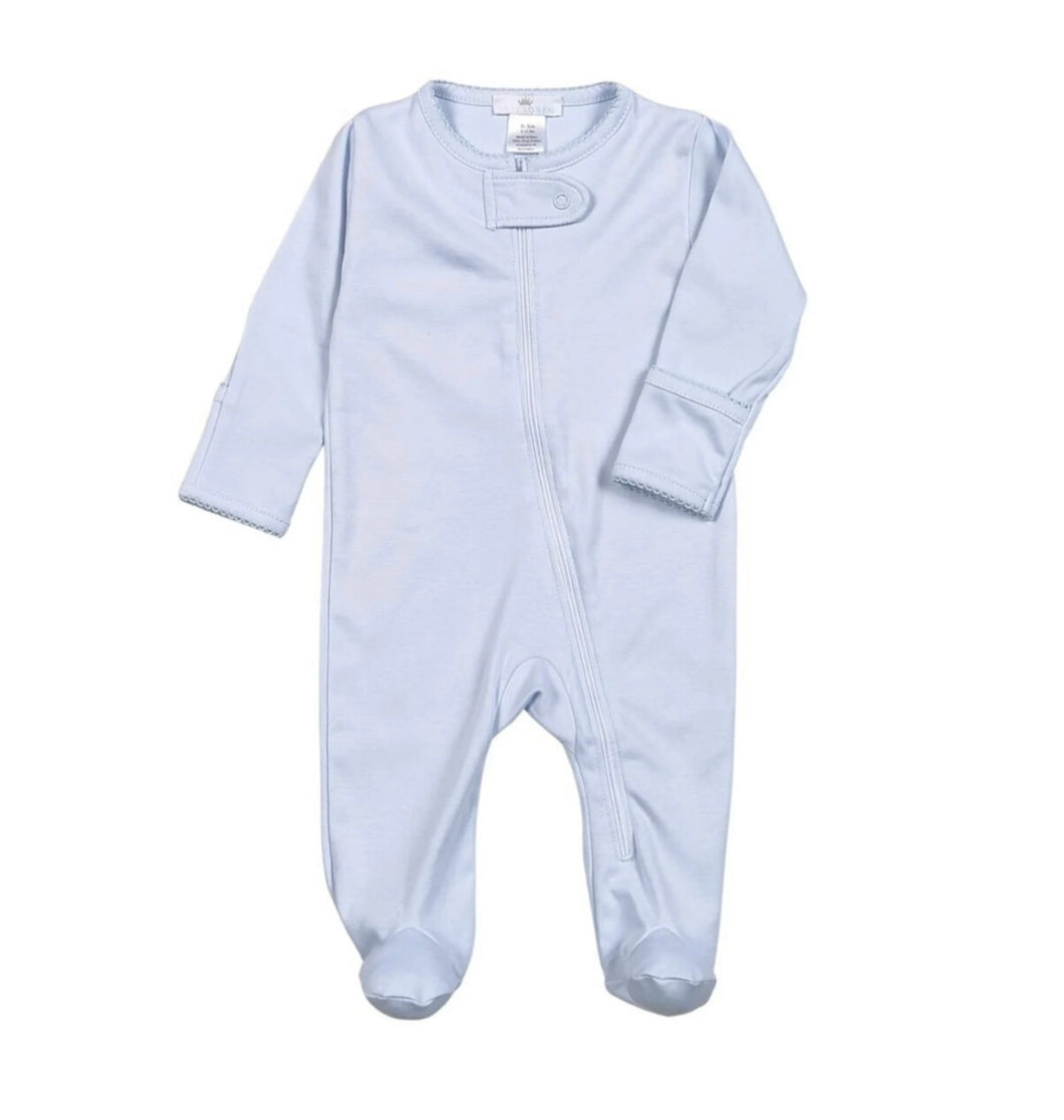 BLUE ZIPPER FOOTIE BLUE PICOT TRIM. PIMA COTTON