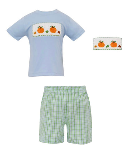 Boys Hand Smocked Pumpkin Green & Blue Gingham Set