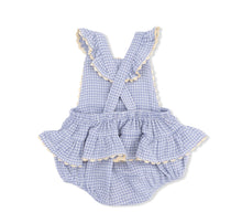 Load image into Gallery viewer, Angel Dear Micro Gingham Blue Blizzard Lemon Appliqué Ric Rac Ruffle Sunsuit Bubble