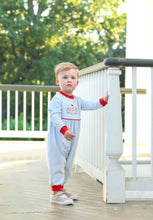 Load image into Gallery viewer, Blue Striped with Red Romper-Gingerbread Appliqué