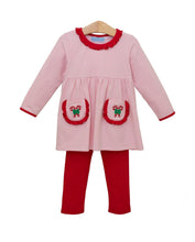 Load image into Gallery viewer, Pink Striped Shirt with Ruffled Pockets &amp; Red Pants Set-Candy Cane Embroidery