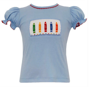 Girls Blue Smocked Crayons Shirt