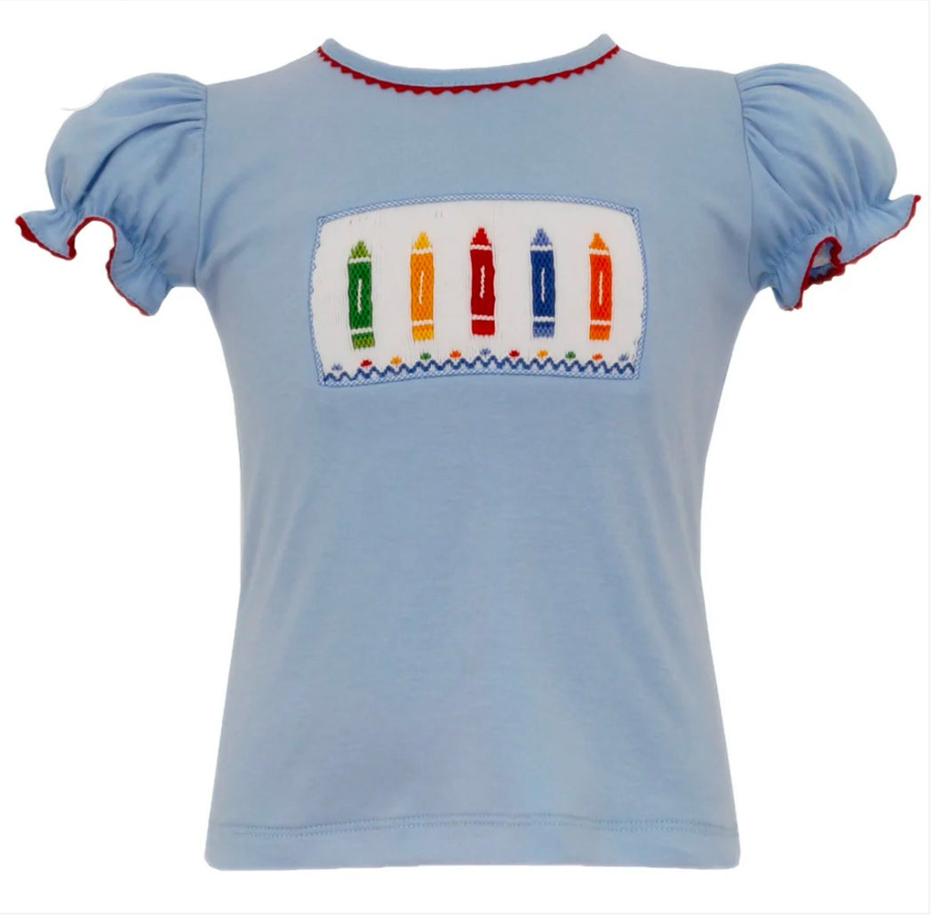 Girls Blue Smocked Crayons Shirt