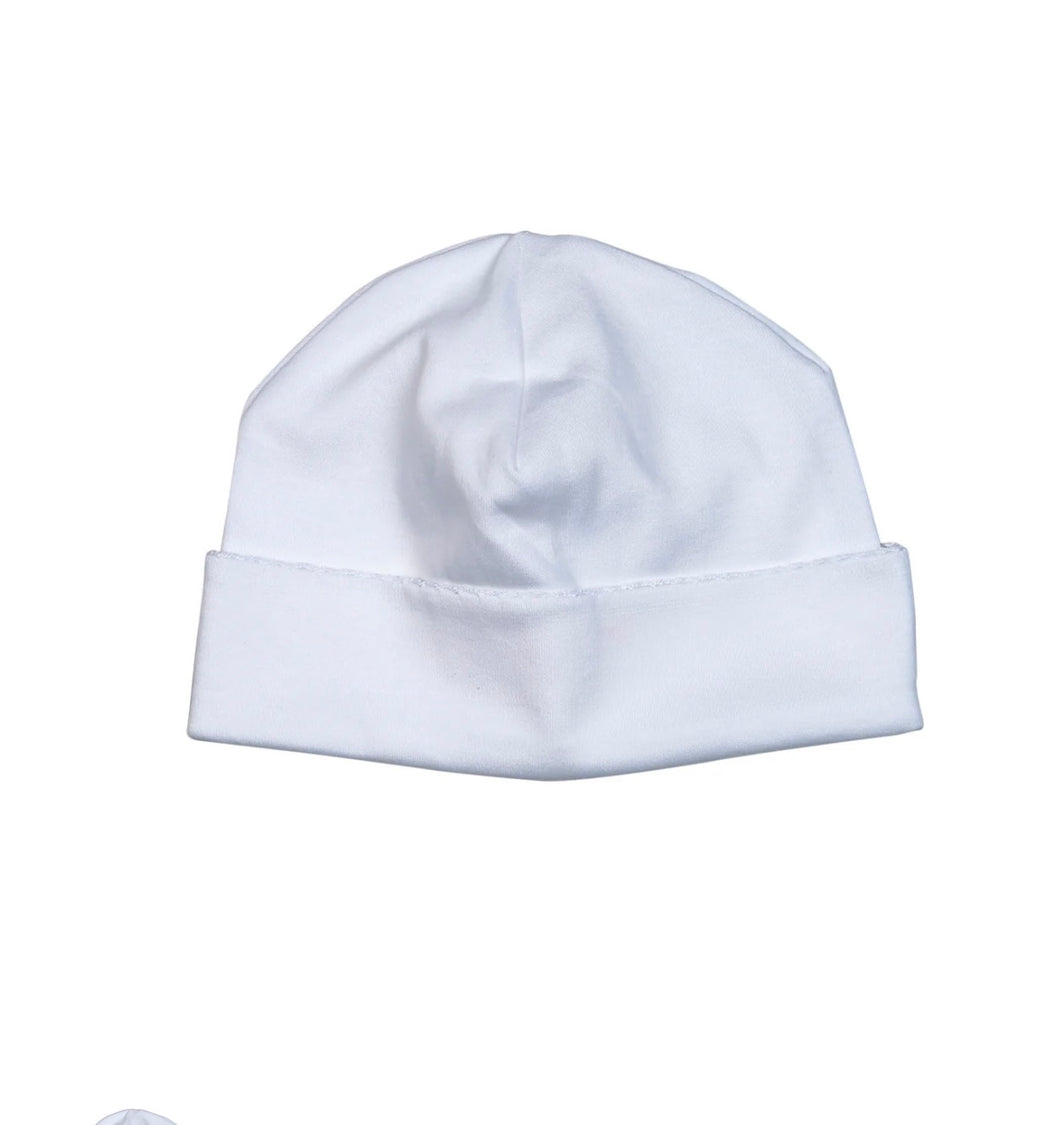 WHITE BEANIE WHITE PICOT TRIM.
