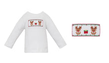 Load image into Gallery viewer, Hand Smocked Reindeer Face Long Sleeve White Knit Shirt with Green Corduroy Pants Set