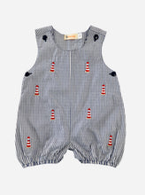 Load image into Gallery viewer, Striped Navy Romper with Embroidered Lighthouses
