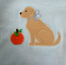 Load image into Gallery viewer, Blue Romper-Dog with Blue Bow Appliqué  &amp; Knit Pumpkin