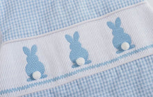 Load image into Gallery viewer, Blue Gingham Smocked Bunny Shortall