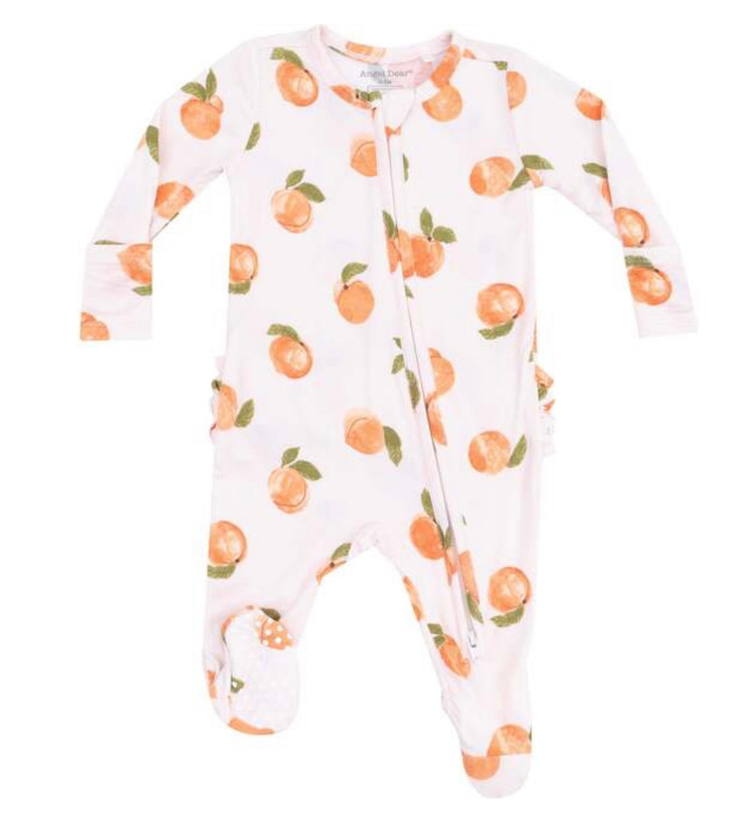 Watercolor Peaches 2-Way Zipper Ruffle Back Footie