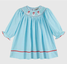 Load image into Gallery viewer, Light Blue Santa Smocked Bishop Dress