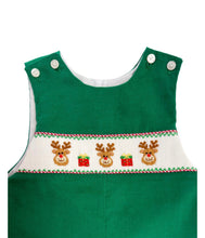 Load image into Gallery viewer, Green Corduroy Boy’s Long Jon Jon-Hand Smocked Reindeer Face